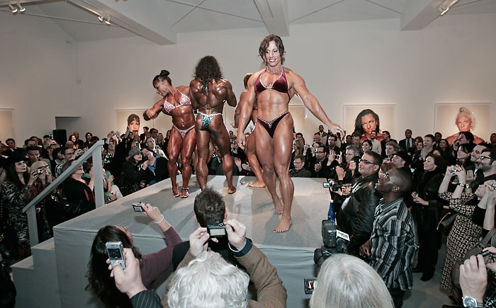 Annie Rivieccio, Iris Kyle, Betty Viana, Yaxeni Oriquen and Rose Jennings perform at the Martin Schoeller Female Bodybuilders opening
